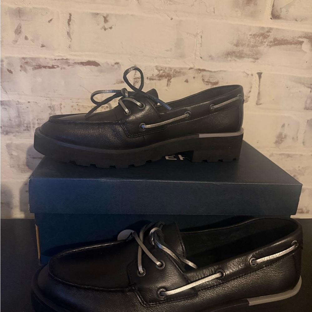 Sperry Women's Black Leather Lug Boat Shoes Top Sider Chunky Boat Black Size 9 - Picture 5 of 9